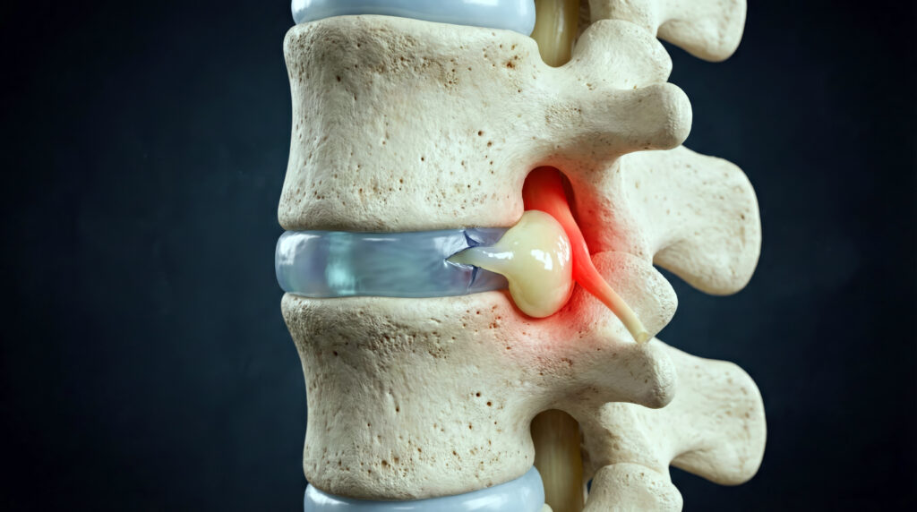 3D rendering of a human lumbar spine showing a herniated disc